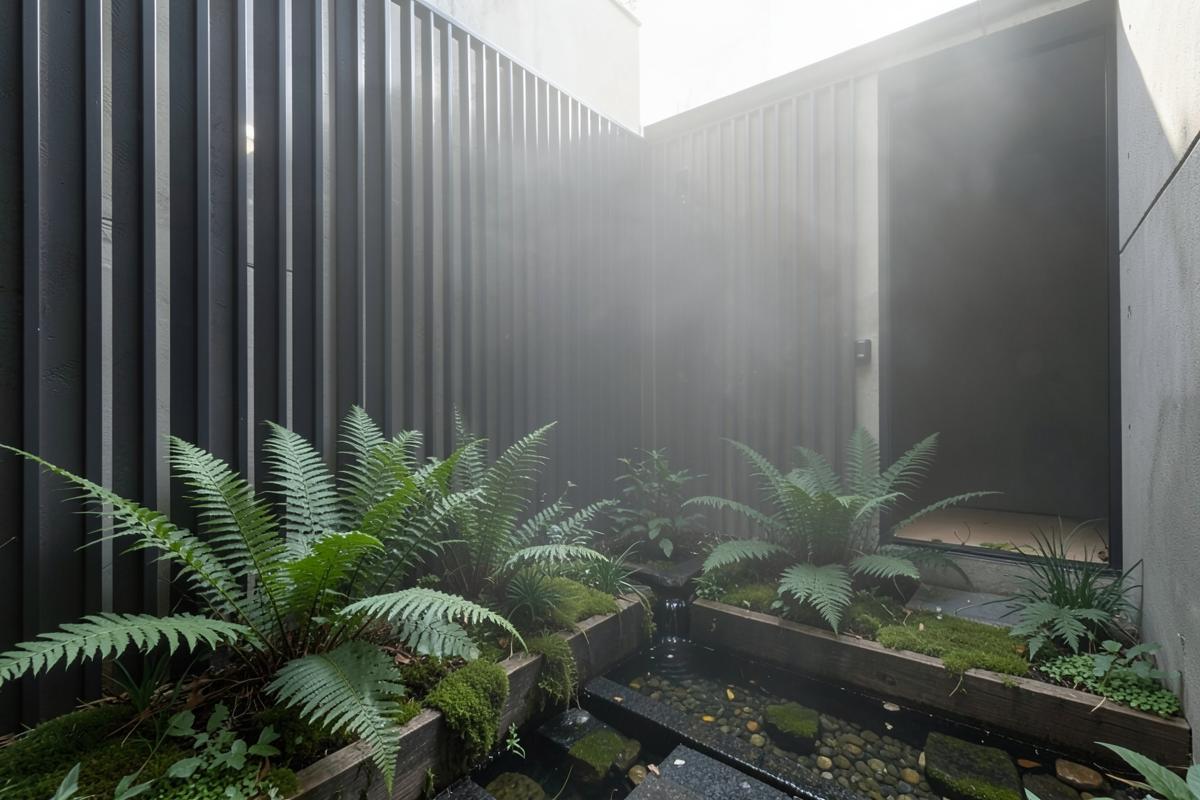 Narrow city courtyard with ferns, moss and a water rill beside dark steel screens