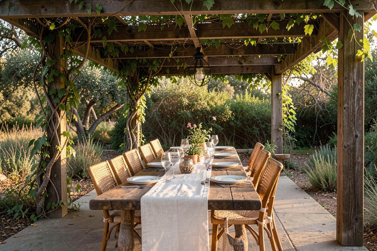 Long outdoor dining table set under a timber pergola with trained vines overhead
