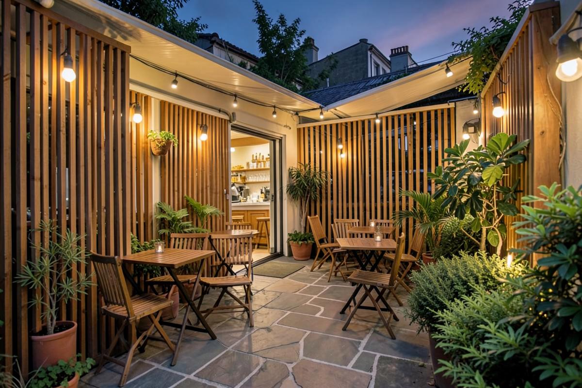 Restaurant courtyard terrace with timber screens, stone paving, cafe tables and evening lighting