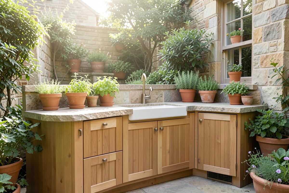 Outdoor kitchen with oak cabinetry, stone worktop, sink and potted herbs in a garden