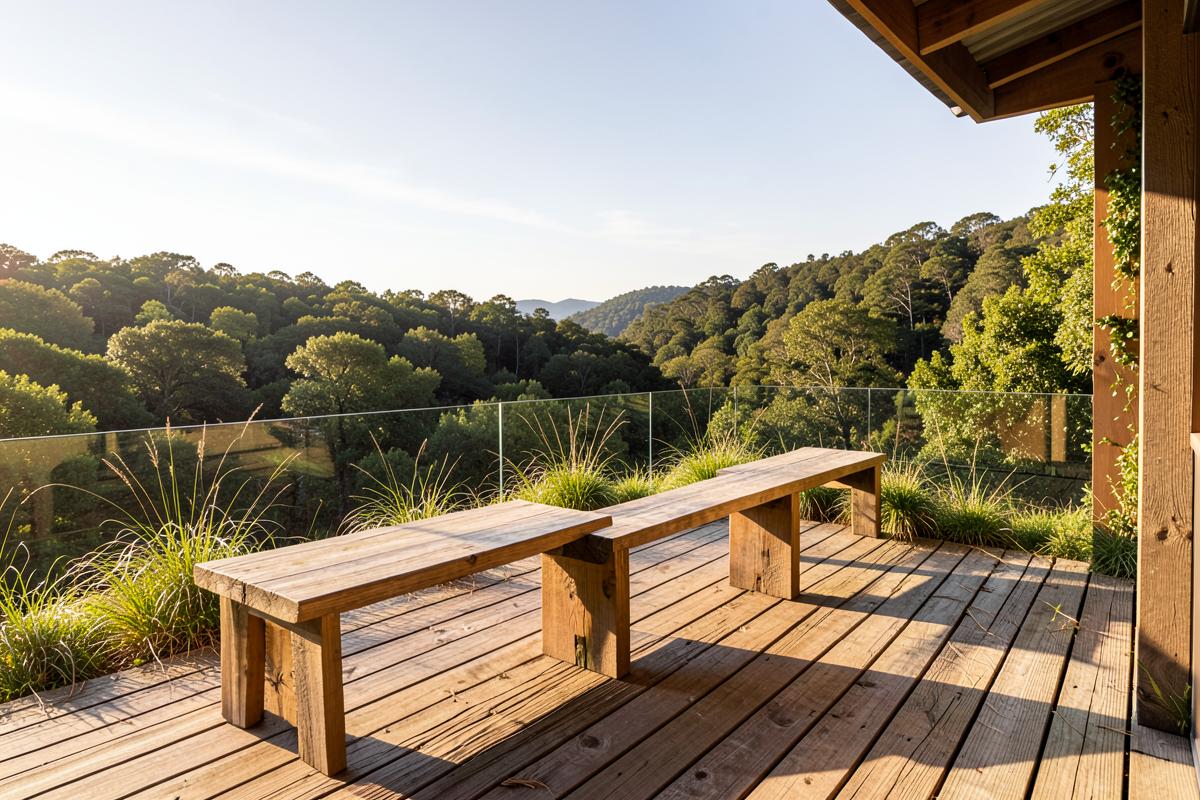 Raised timber deck with two benches and grasses overlooking a wooded valley