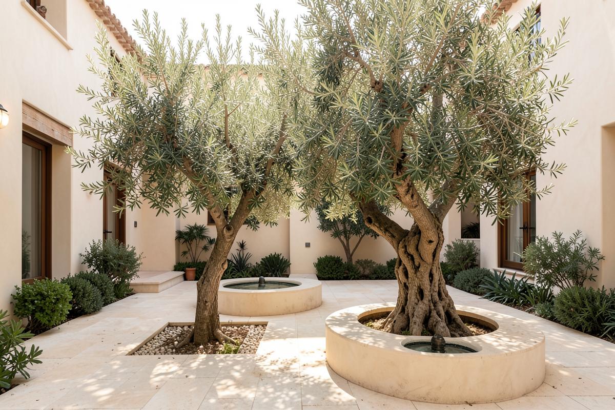 Courtyard garden with a mature olive tree, limestone paving and circular water bowls